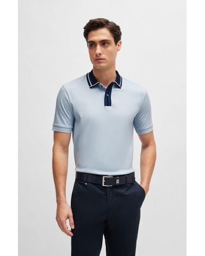 BOSS Mercerised-cotton Slim-fit Polo Shirt With Contrast Stripes - Blue