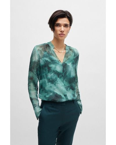 BOSS Silk-blend Blouse With Seasonal Print - Green