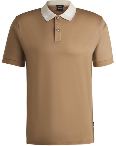 BOSS Slim-Fit Poloshirt aus merzerisierter Baumwolle mit Streifen am Kragen - Braun