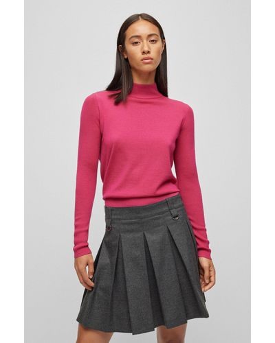 HUGO Mock-neck Sweater In Virgin Wool With Ribbed Sleeves - Red