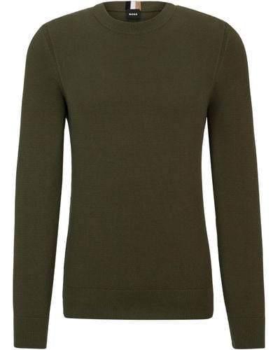 BOSS Fein strukturierter Pullover aus Baumwolle mit Rundhalsausschnitt - Grün