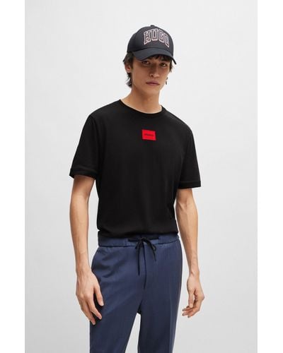 HUGO T-shirt en jersey de coton avec étiquette logo - Noir