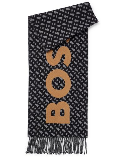 BOSS Fringed Scarf With Logo And Monograms - Black