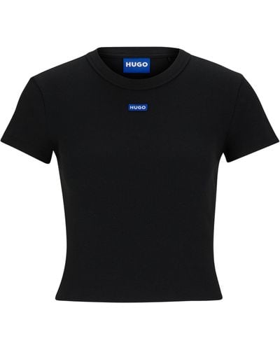 HUGO Slim-Fit T-Shirt in Cropped-Länge mit blauem Logo-Label - Schwarz