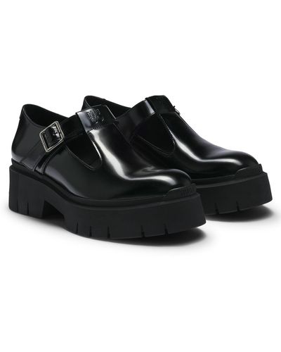 HUGO Mary-jane Shoes In Leather With Stacked Logo - Black