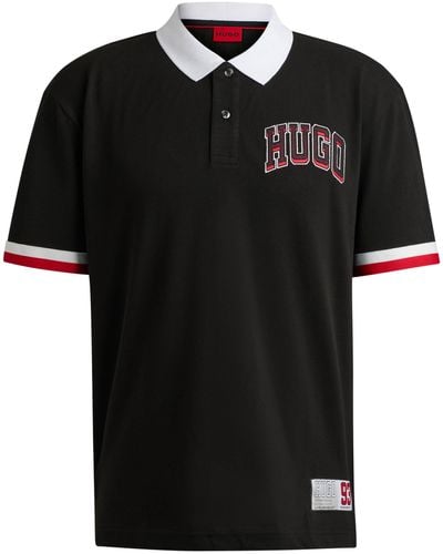 HUGO Poloshirt aus Baumwoll-Piqué mit Logo-Aufnäher im College-Stil - Schwarz
