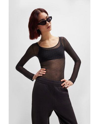 HUGO Slim-fit Bodysuit In Logo Mesh - Black