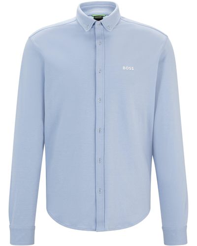 BOSS Regular-Fit Hemd aus gestrickter knitterfreier Baumwolle - Blau