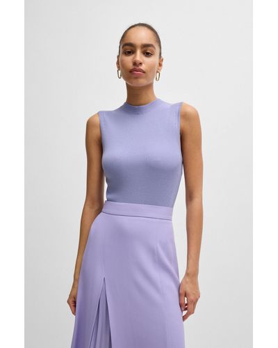 BOSS Sleeveless Mock-neck Top With Ribbed Structure - Purple