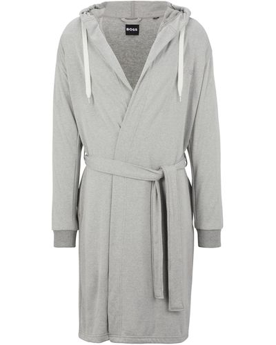 BOSS Hooded Grey Dressing Gown With Logo-print Sleeves
