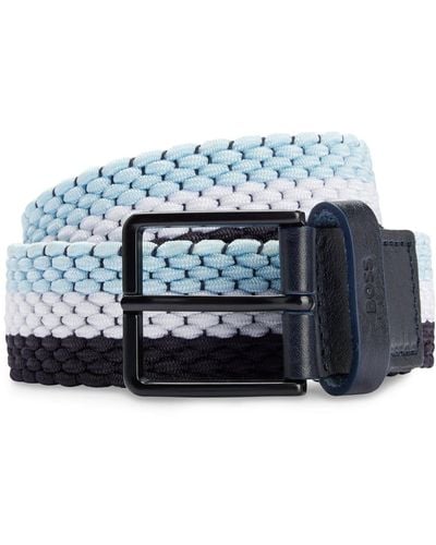 BOSS Woven Belt With Leather Trims And Contrasting Colour Detail - Blue