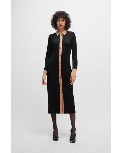 BOSS Long-length Shirt-style Dress In Ribbed Jersey - Black