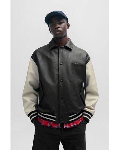 HUGO Leather Varsity Jacket With Oversized Embossed Logo - Black