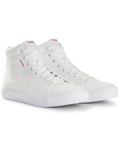 HUGO Canvas High-top Sneakers With Red Logo Patch - White