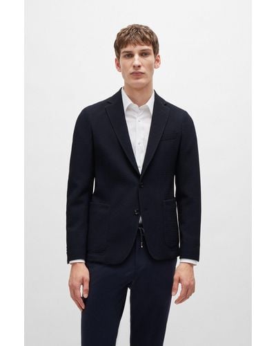 BOSS Slim-fit Jacket In Wool-blend Seersucker Fabric - Blue