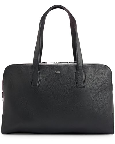 BOSS Zipped Holdall In Grained Leather With Logo Lettering - Black