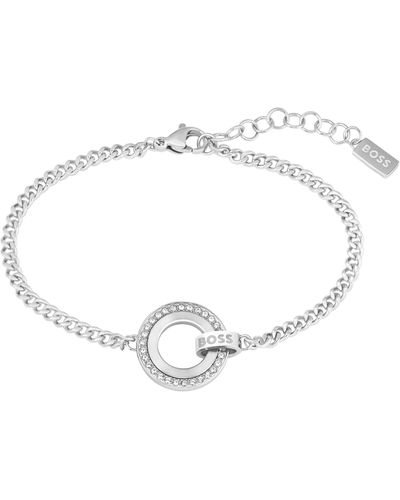 BOSS Bracelet chaîne avec maillon logoté et anneau à strass - Blanc