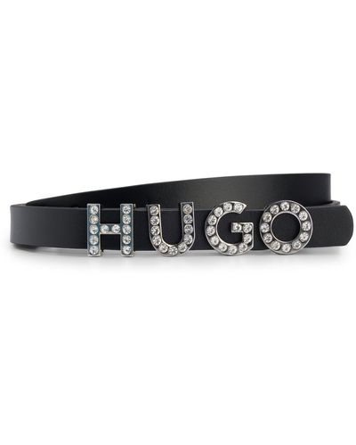 HUGO Gürtel aus italienischem Leder mit kristallverzierter Logo-Schließe - Weiß