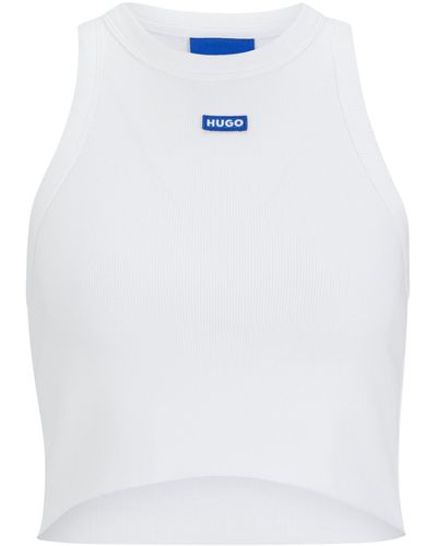 HUGO Crop-Tanktop aus Stretch-Baumwolle mit blauem Logo-Label - Weiß