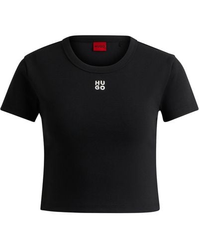 HUGO Korter Slim-fit T-shirt Van Een Katoenmix Met Tweedelig Logo - Zwart
