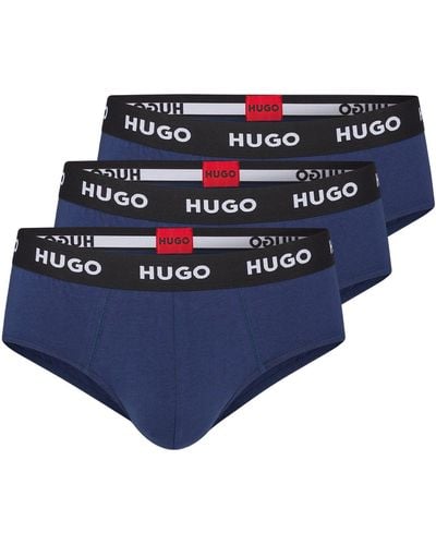 HUGO Three-pack Of Stretch-cotton Briefs With Logo Waistbands - Blue