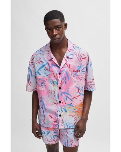 HUGO Relaxed-fit Short-sleeved Shirt In Printed Fabric - Pink