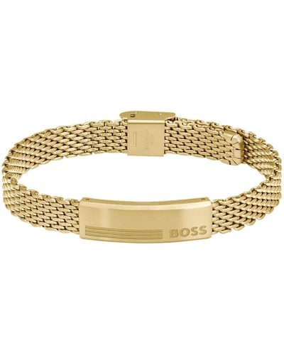 BOSS Goldfarbenes Mesh-Armband mit Logo-Plakette - Mettallic