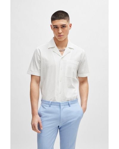 HUGO Relaxed-fit Shirt In Stretch-cotton Seersucker - White