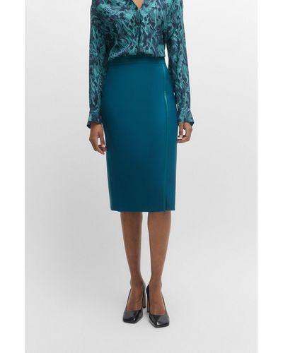 BOSS Pencil Skirt In Wool Twill With Faux-leather Trims - Blue