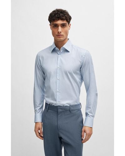 BOSS Slim-fit Shirt In Printed Stretch-cotton Dobby - Blue