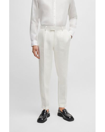 BOSS Pantalon Relaxed Fit en lin à micro motif - Blanc