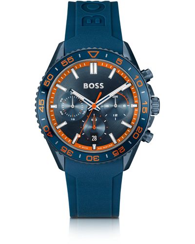 BOSS Montre chronographe à cadran ton sur ton et bracelet en silicone bleu