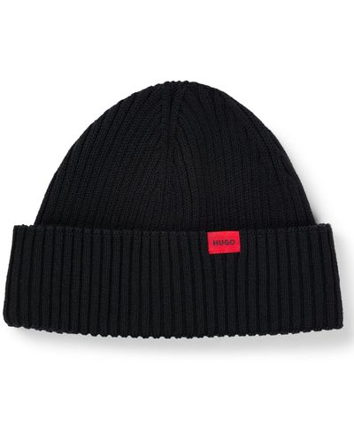 HUGO Ribbed Beanie Hat With Red Logo Label - Black