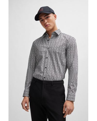 HUGO Slim-fit Shirt In Printed Cotton Poplin - Gray