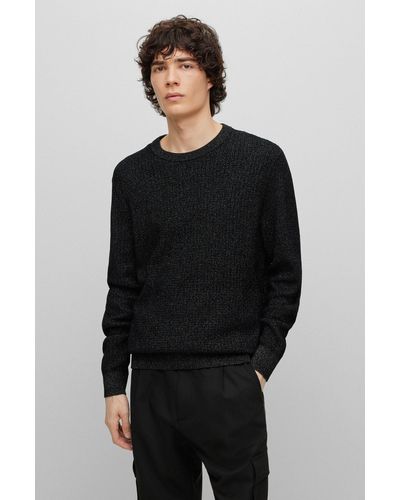 HUGO Relaxed-fit Chenille Sweater With Logo Badge - Black