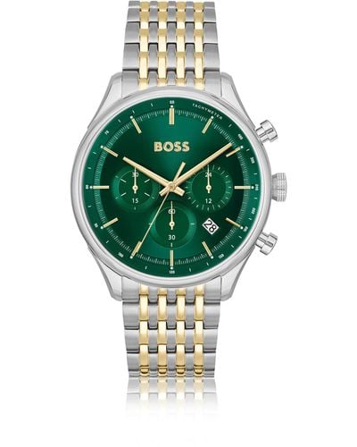 BOSS Green-dial Chronograph Watch With Two-tone Link Bracelet Men's Watches