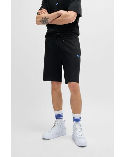 HUGO Cotton-terry Shorts With Blue Logo Patch - Black