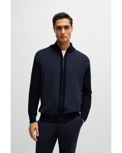 BOSS Zip-up Cardigan In Virgin Wool With Mixed Structures - Blue