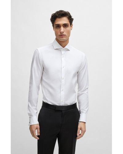 BOSS Chemise Slim Fit en coton structuré à col italien - Blanc