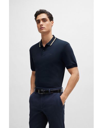 BOSS Slim-fit Polo Shirt In Cotton With Striped Collar - Blue