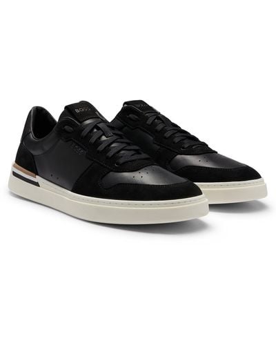 BOSS Cupsole Lace-up Sneakers In Leather And Suede - Black