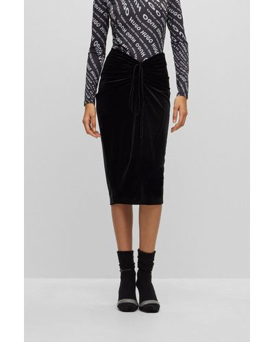 HUGO Velour Pencil Skirt With Gathered Front Detail - Black