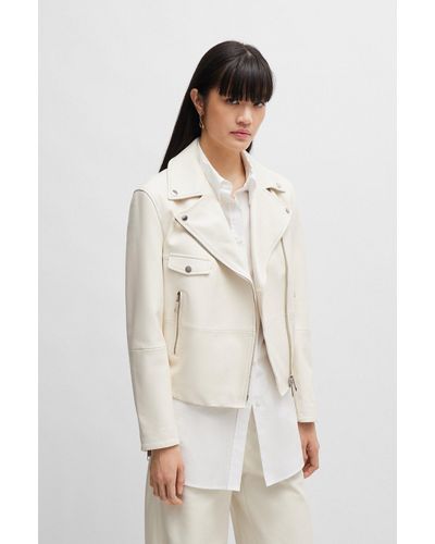 BOSS Leather Jacket With Signature Lining And Asymmetric Zip - White