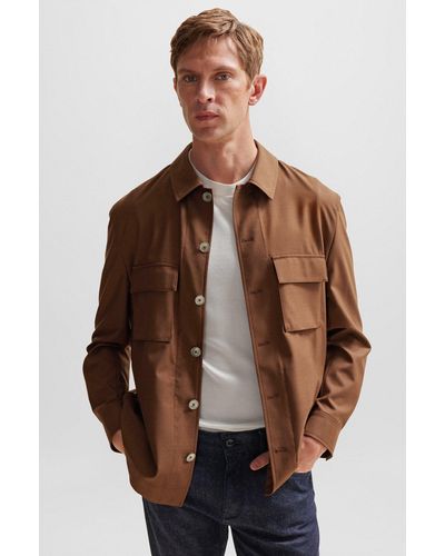 BOSS Relaxed-fit Overshirt In Melange Italian Wool And Silk - Brown