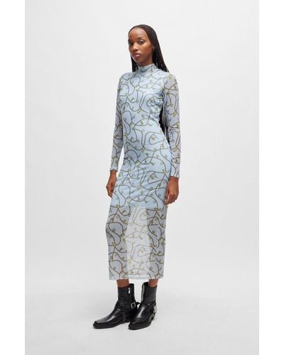 HUGO Stretch-mesh Dress With Seasonal Chain Print - Blue
