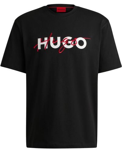 HUGO T-shirt Van Katoenen Jersey Met Dubbel Logo - Zwart
