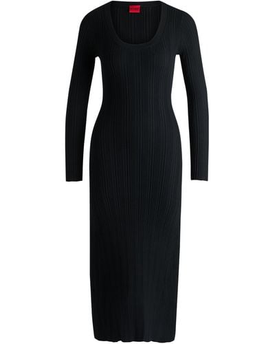 HUGO Slim-fit Midi-length Dress With Irregular Ribbed Structure - Black