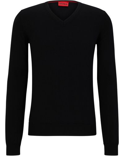HUGO Regular-Fit Pullover aus Schurwolle mit V-Ausschnitt - Schwarz
