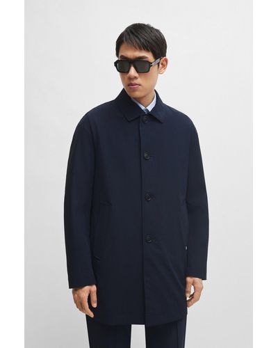 BOSS Regular-fit Button-up Coat In Stretch Material - Blue
