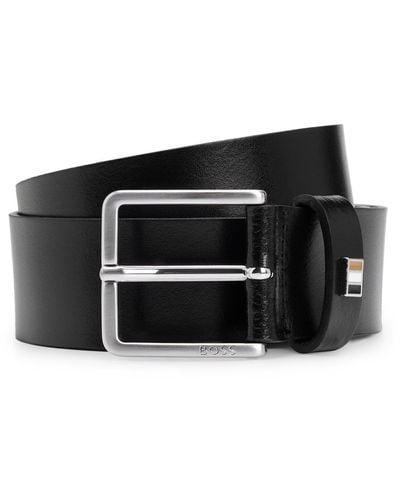 BOSS Italian-leather Belt With Signature-stripe Keeper Trim - Black